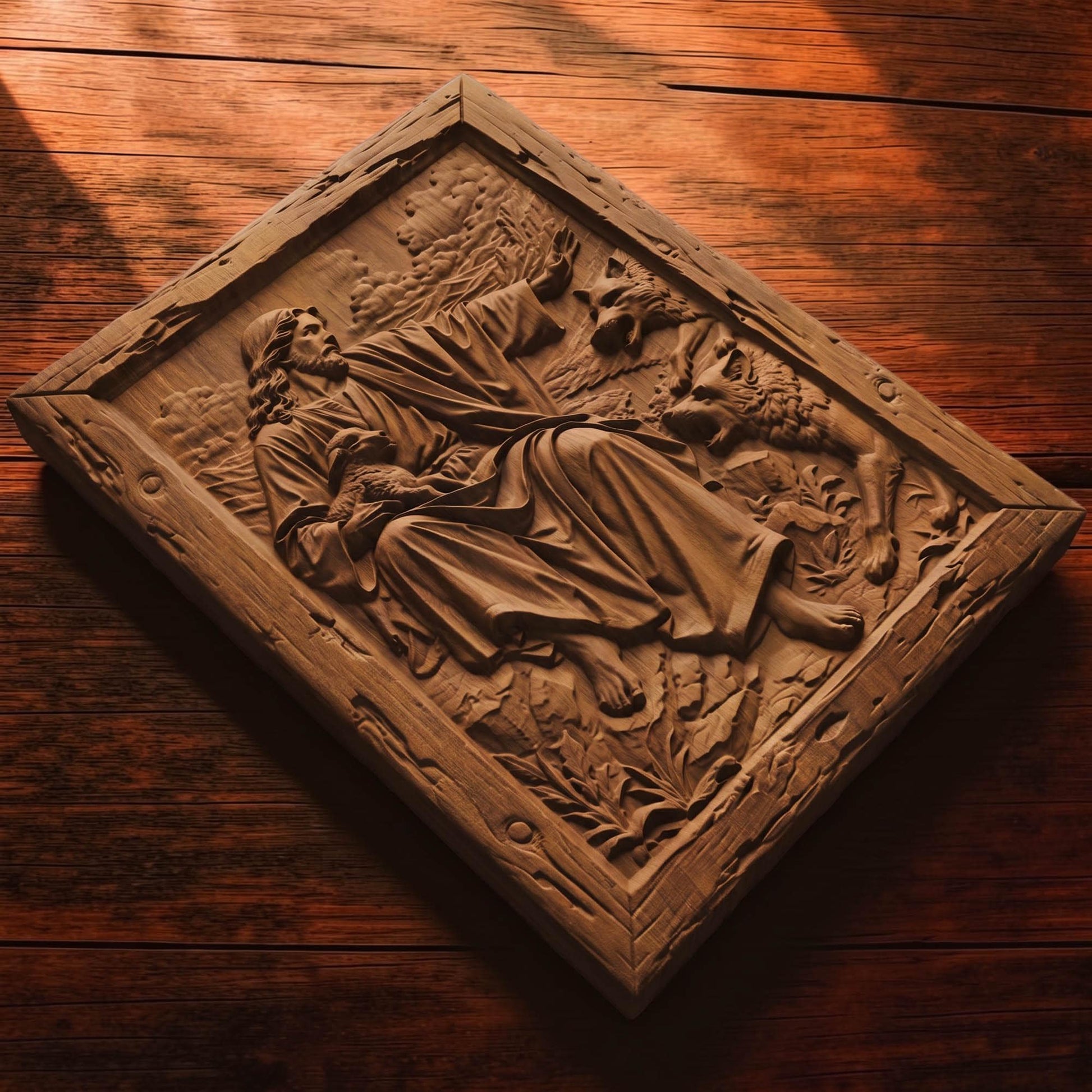 Jesus Christ Protecting Us Against the Wolves Wooden Carved Handmade Christian Icon  Byzantine Greek Orthodox Home Decor Cretan Holy Carvings