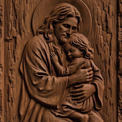 Jesus Holding Child Wooden Carved Handmade Christian Icon | Byzantine Greek Orthodox Home Decor