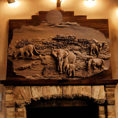 African Nature Scene Wooden Bas Relief | Wood Panel Art | Sculptural Gift Idea