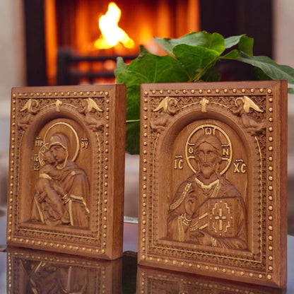 Christ and Mother of God Set Two Wooden Carved Handmade Christian Icons | Byzantine Greek Orthodox Home Art Decor