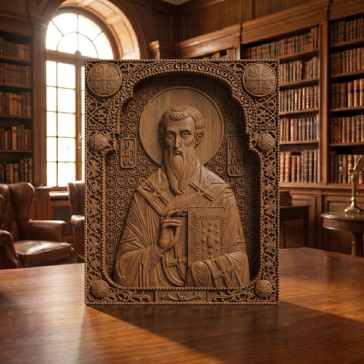 Saint Basil the Great Wooden Carved Handmade Christian Icon Patron Saint of the Poor Front Side Brown Oak Cretan Holy Carvings