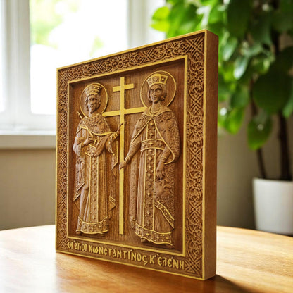 Saints Constantine and Helena Wooden Carved Handmade Christian Icon. Byzantine Greek Orthodox Home Decor.