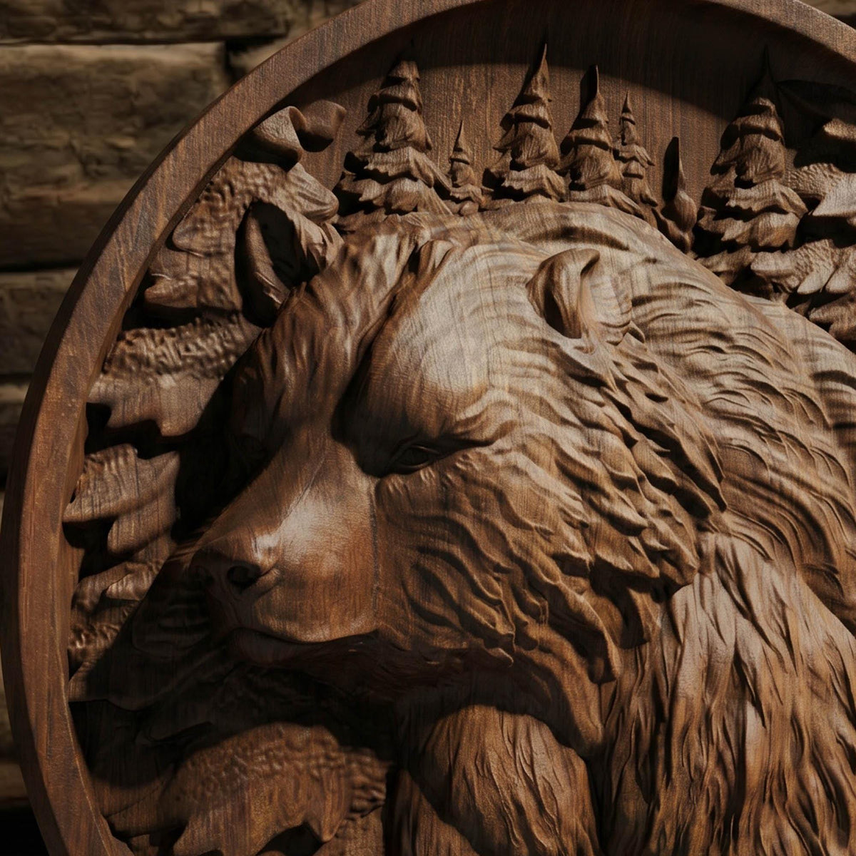 Bear in Plate Framed Bas Relief | Wooden Bear Carving | Sculptural Gift Idea