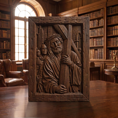 Jesus Christ Carries his Cross Wooden Carved Handmade Christian Icon  Byzantine Greek Orthodox Home Decor Cretan Holy Carvings