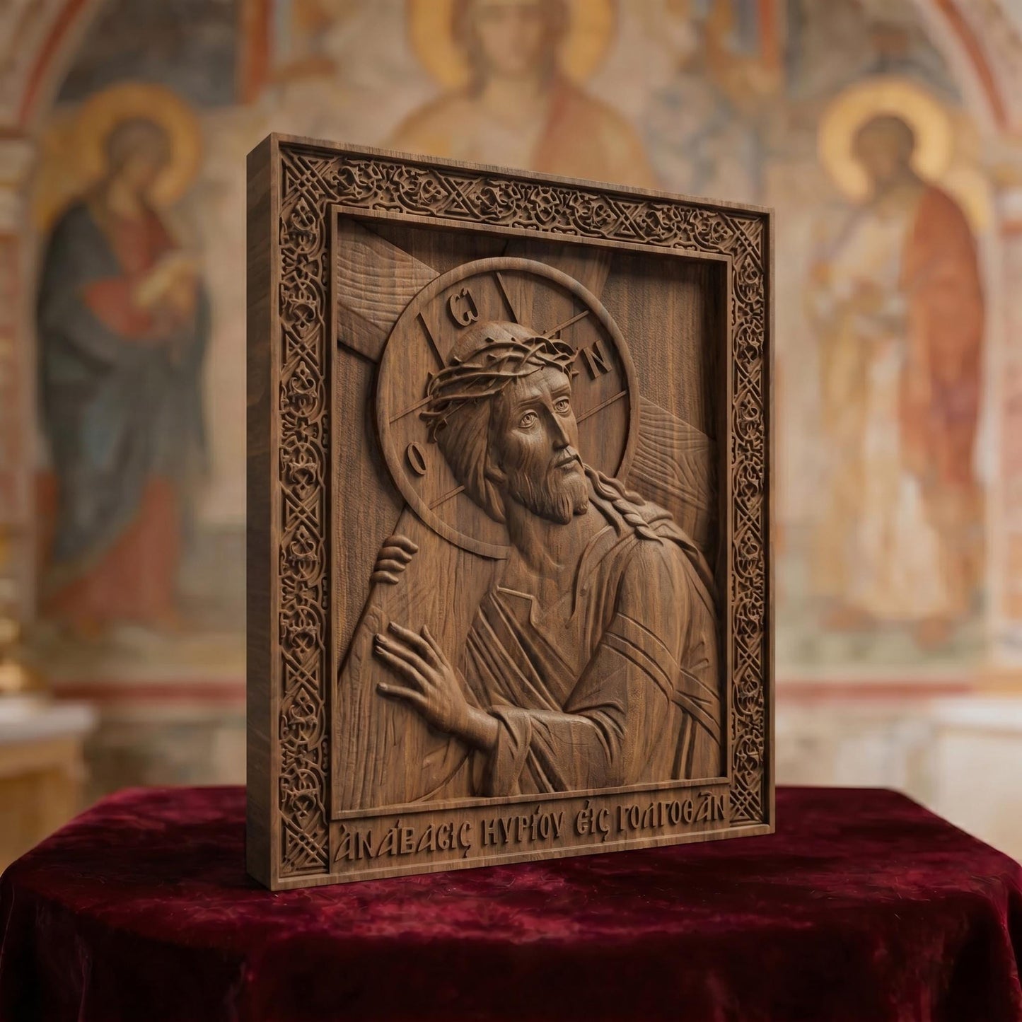Jesus Christ Ascent to Golgotha Wooden Carved Handmade Christian Icon Left Side Brown Oak Cretan Holy Carvings