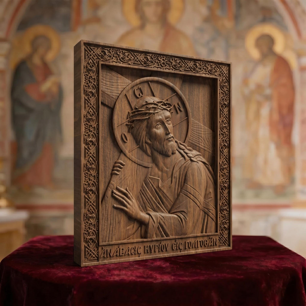 Jesus Christ Ascent to Golgotha Wooden Carved Handmade Christian Icon Left Side Brown Oak Cretan Holy Carvings