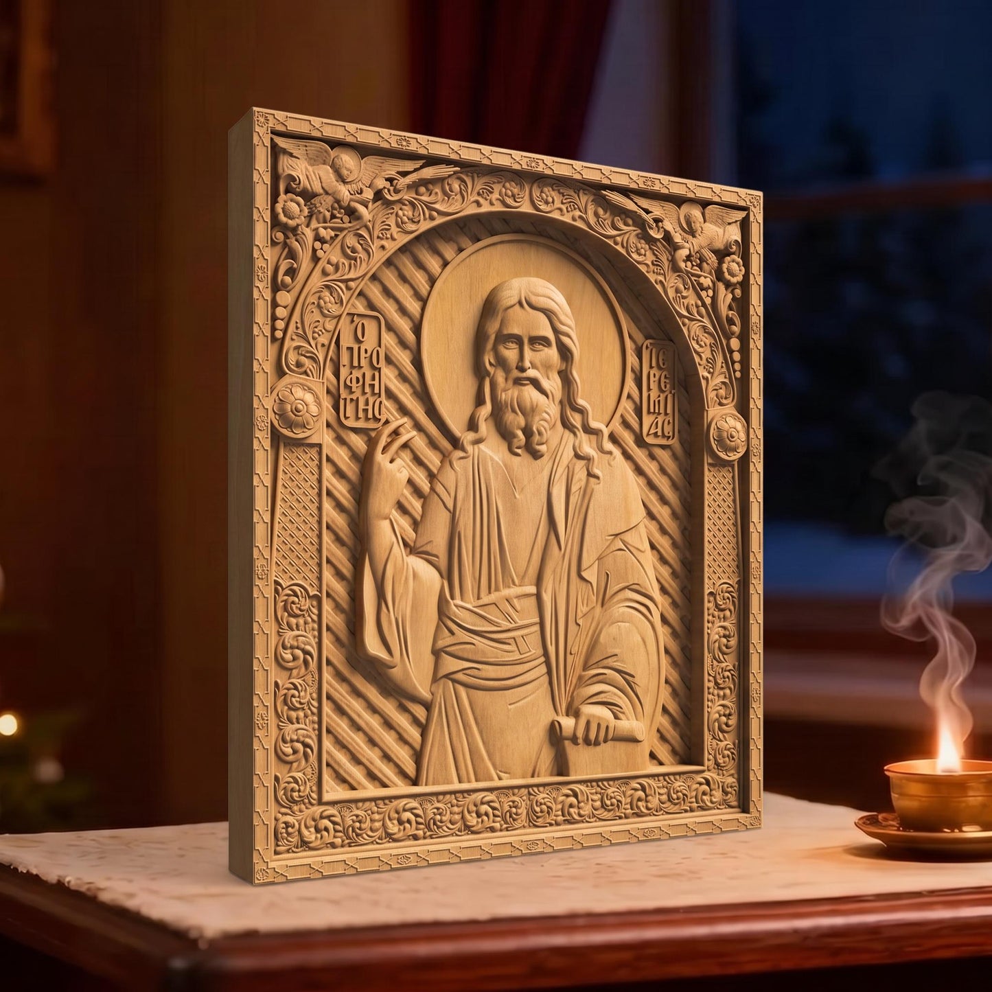 Prophet Jeremiah Wooden Carved Handmade Christian Icon | Byzantine Greek Orthodox Home Art Decor