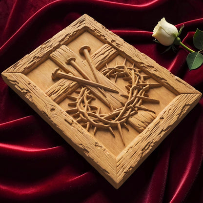 The Cross, Nails and Crown of Thorns Wooden Carved Handmade Christian Icon  Byzantine Greek Orthodox Home Decor Cretan Holy Carvings