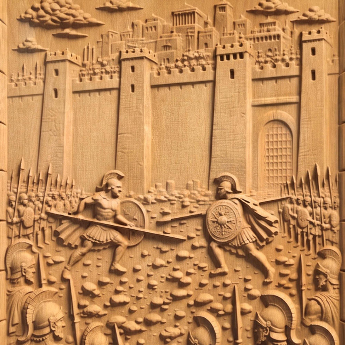 Achilles Fights Hector of Troy 3D Wooden Bas Relief Panel Art Sculptural Gift Idea Cretan Holy Carvings
