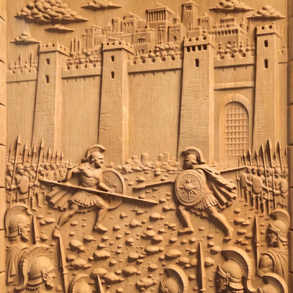 Achilles Fights Hector of Troy 3D Wooden Bas Relief Panel Art Sculptural Gift Idea Cretan Holy Carvings