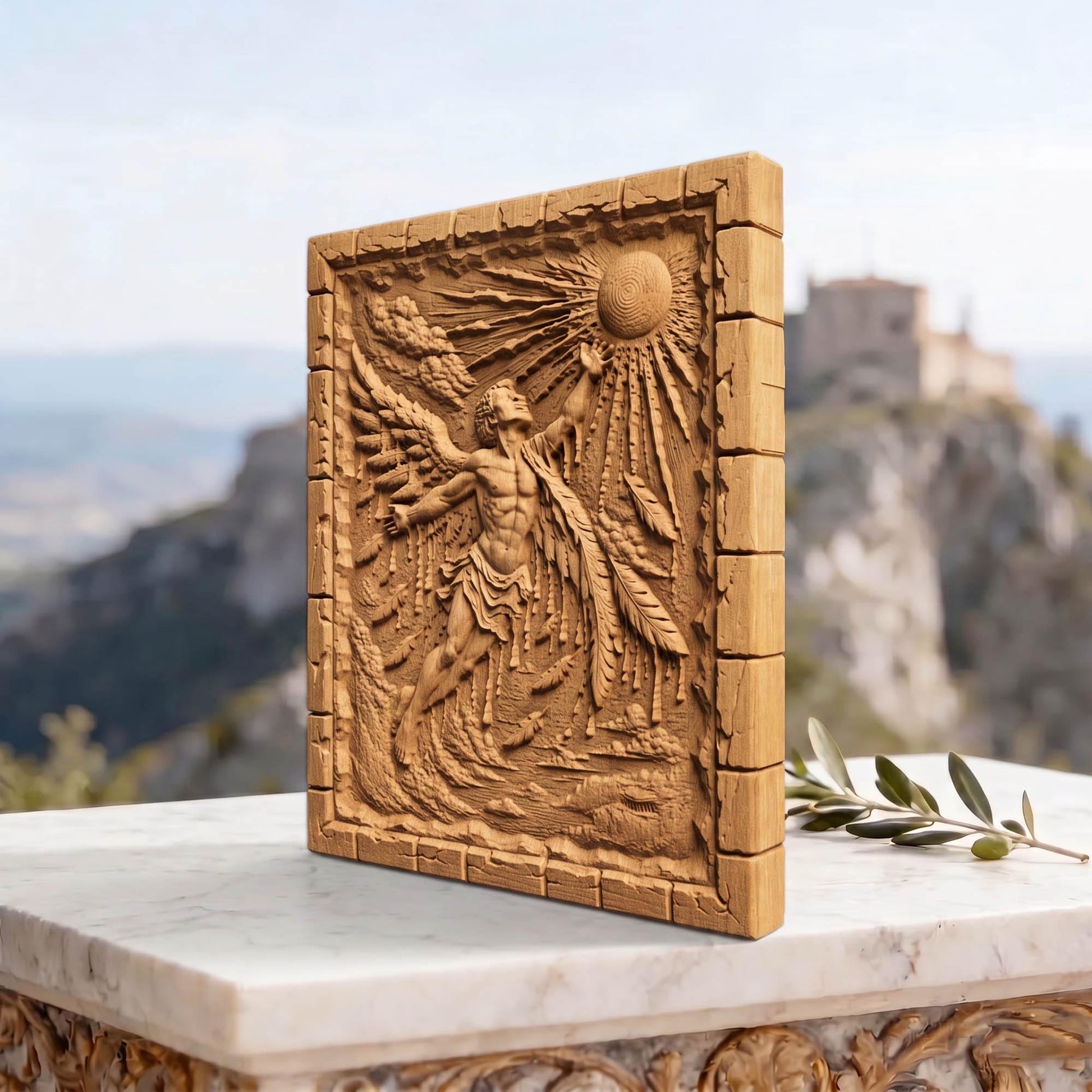 Icarus Melting Wings from Ancient Greek Mythology 3D Wooden Bas Relief Panel Art Sculptural Gift Idea Cretan Holy Carvings