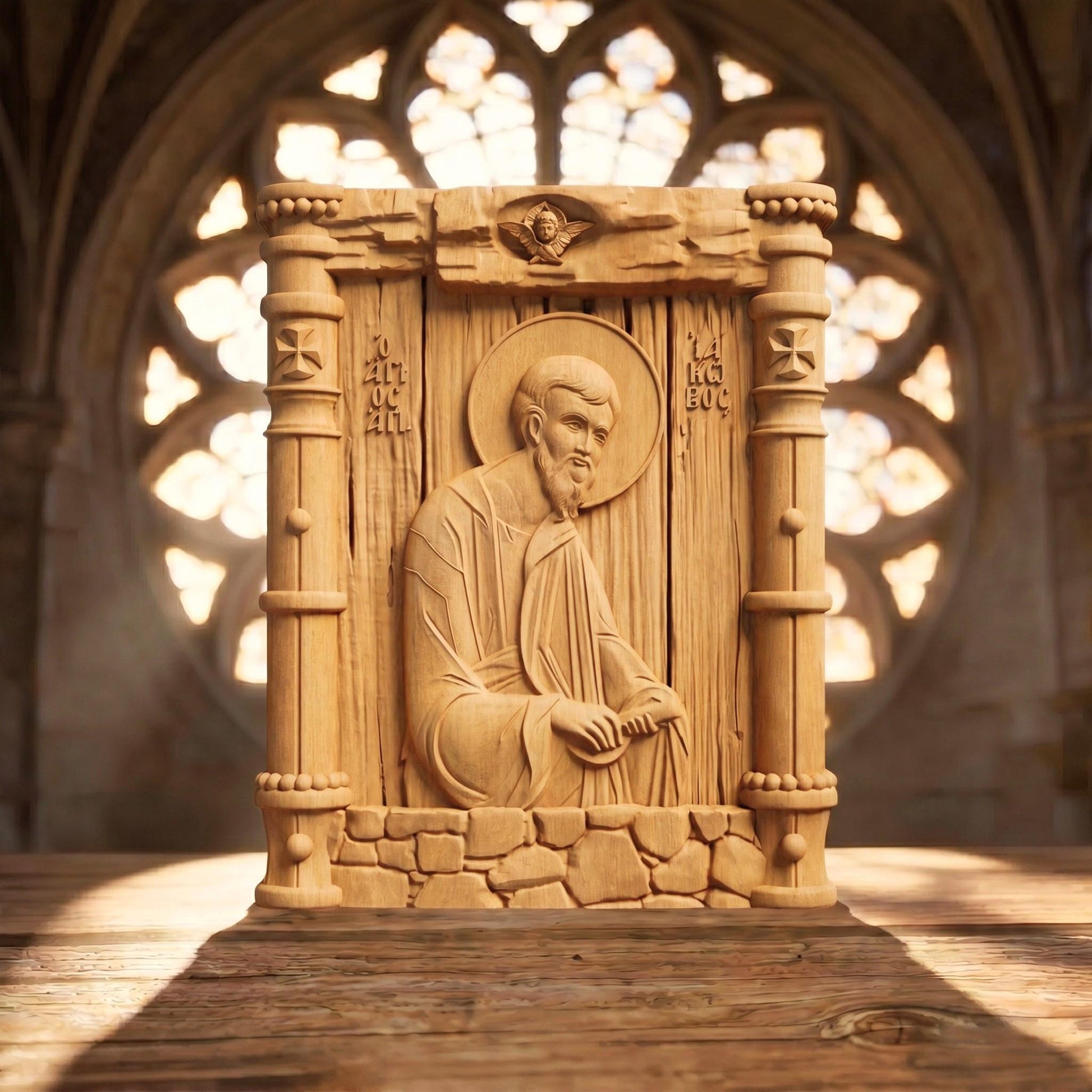 Saint Jacob the Apostle Wooden Carved Handmade Christian Icon Patron Saint of Spain Front Side Natural Wood Color Cretan Holy Carvings