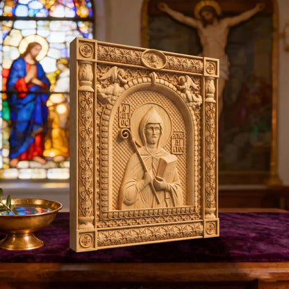 Saint Benedict Patron Saint of Europe Wooden Carved Handmade Christian Icon | Byzantine Greek Orthodox Home Art Decor