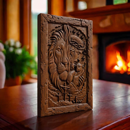 Jesus Christ the Lion Wooden Carved Handmade Christian Icon  Byzantine Greek Orthodox Home Art Decor Cretan Holy Carvings