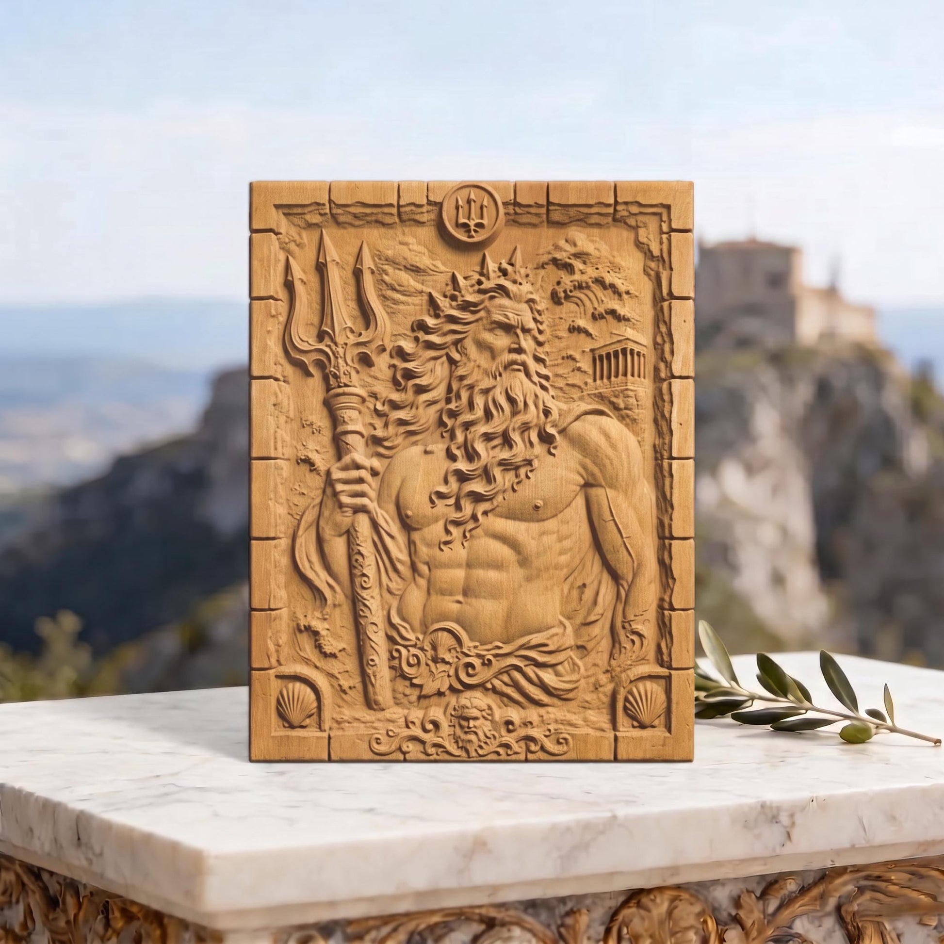 Poseidon God of Olympus from Ancient Greek Mythology 3D Wooden Bas Relief Panel Art Sculptural Gift Idea Cretan Holy Carvings