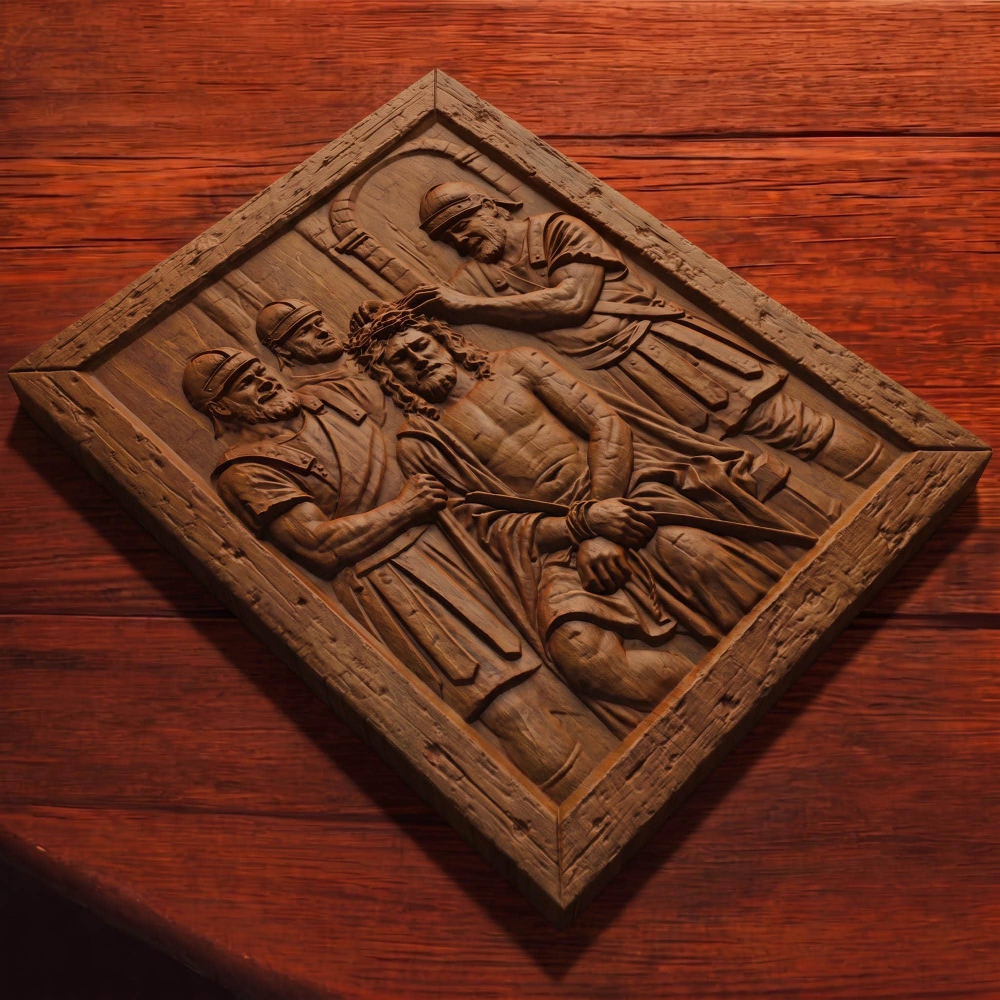 Jesus Christ Tortured by Roman Soldiers Wooden Carved Handmade Christian Icon  Byzantine Greek Orthodox Home Art Decor Cretan Holy Carvings