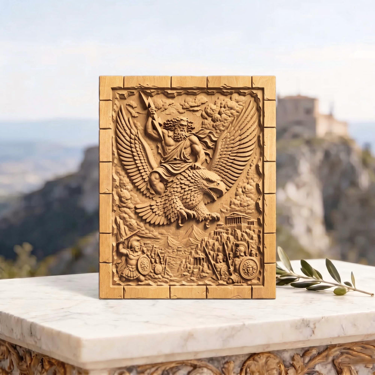 Zeus Riding His Eagle 3D Wooden Bas Relief Panel Art Sculptural Gift Idea Cretan Holy Carvings