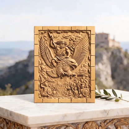 Zeus Riding His Eagle 3D Wooden Bas Relief Panel Art Sculptural Gift Idea Cretan Holy Carvings
