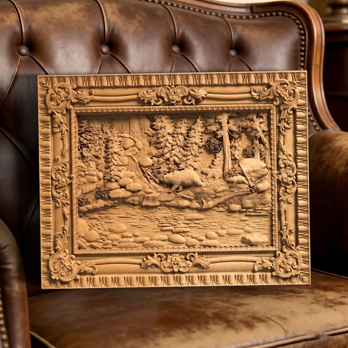 May include: A rectangular, wooden relief carving depicting a forest scene with a bear, trees, and a river. The carving is set within an ornate, detailed frame. The artwork is displayed on a brown leather chair.