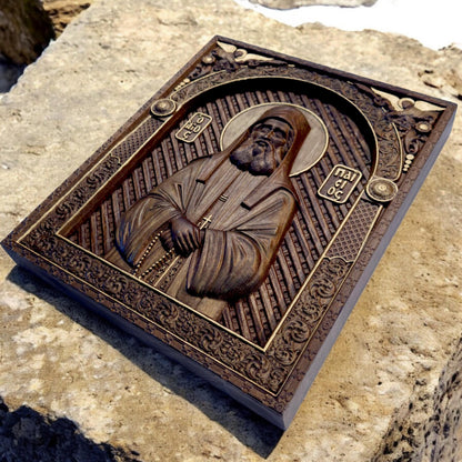 Saint Paisios of Mount Athos Wooden Carved Handmade Christian Icon. Byzantine Greek Home Decor.