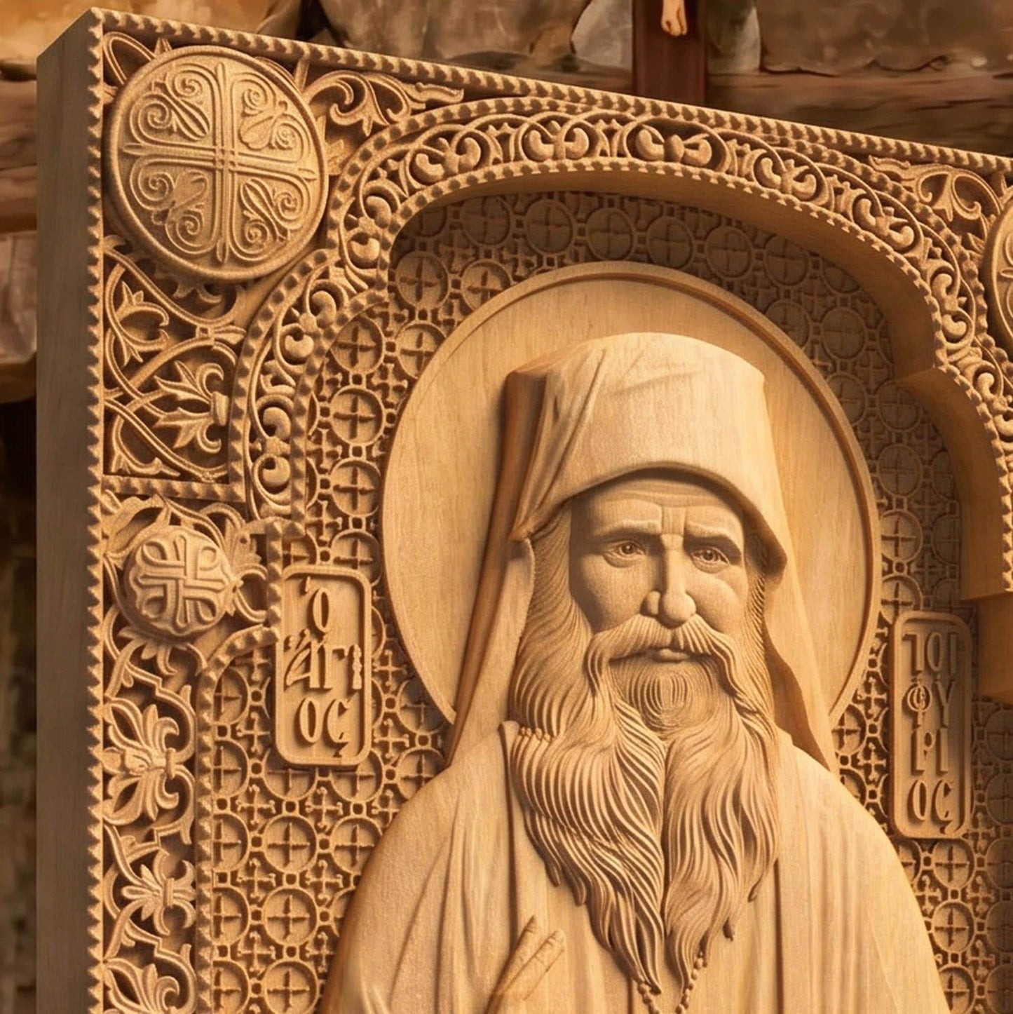 Saint Porphyrios of Kavsokalyvia Wooden Carved Handmade Christian Icon | Byzantine Greek Orthodox Home Art Decor