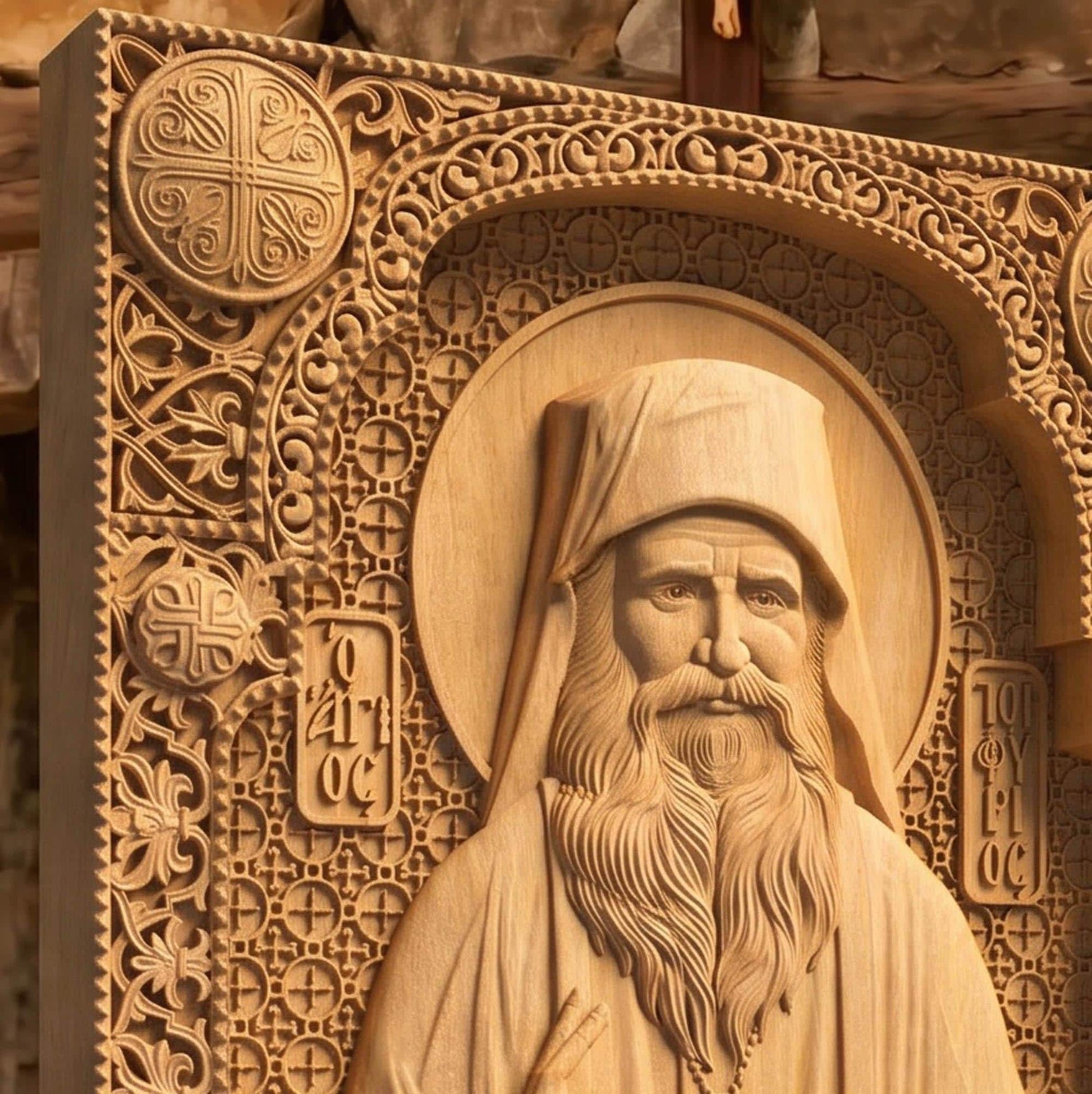 Saint Porphyrios of Kavsokalyvia Wooden Carved Handmade Christian Icon | Byzantine Greek Orthodox Home Art Decor