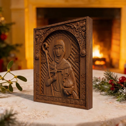 Saint Brigid Patron Saint of Poets Wooden Carved Handmade Christian Icon | Byzantine Greek Orthodox Home Art Decor