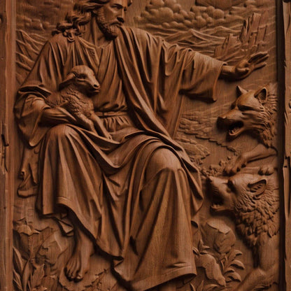 Jesus Christ Protecting Us Against the Wolves Wooden Carved Handmade Christian Icon  Byzantine Greek Orthodox Home Decor Cretan Holy Carvings