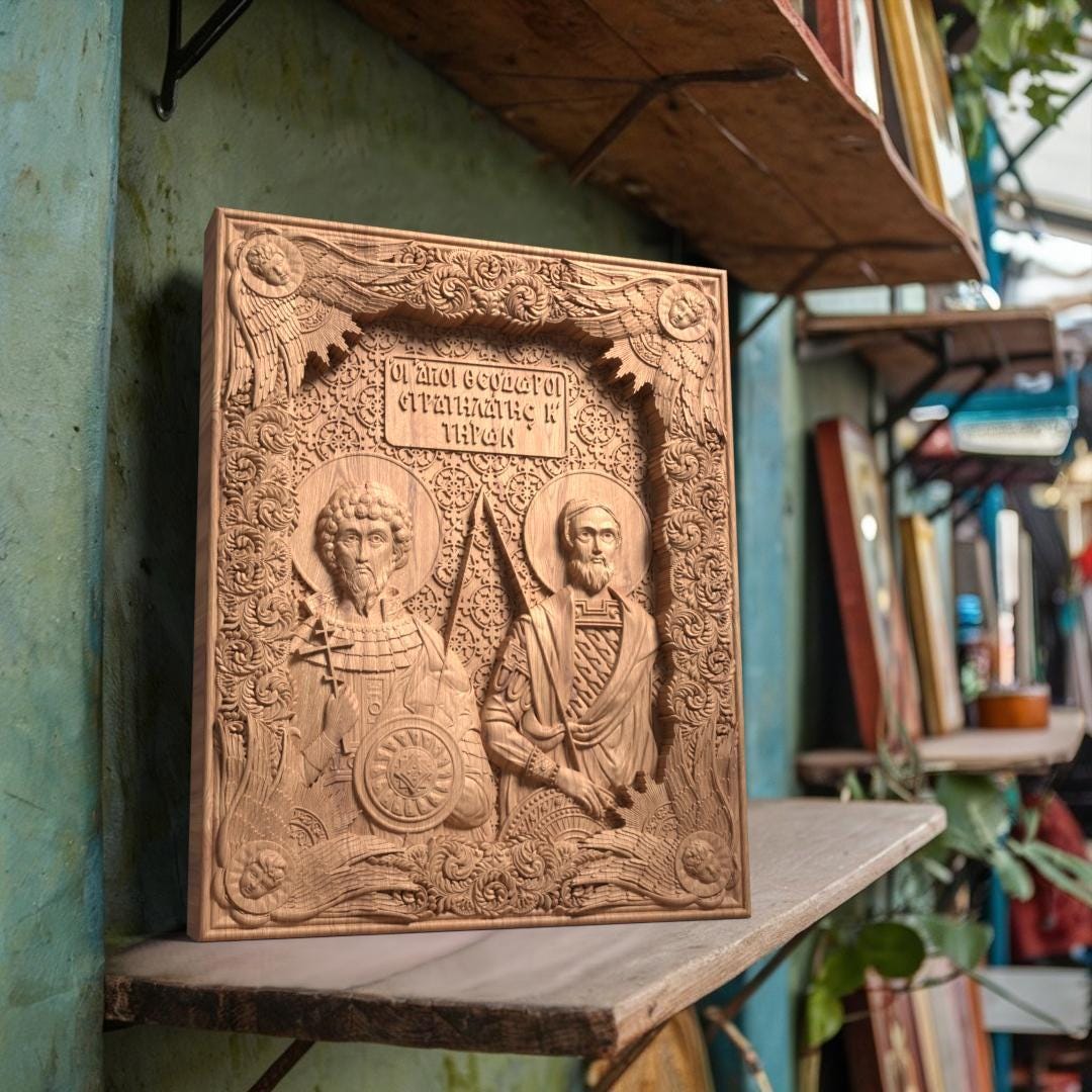 Saints Theodore Tyron and Stratelates Wooden Carved Handmade Christian Icon. Byzantine Greek Orthodox Decor.