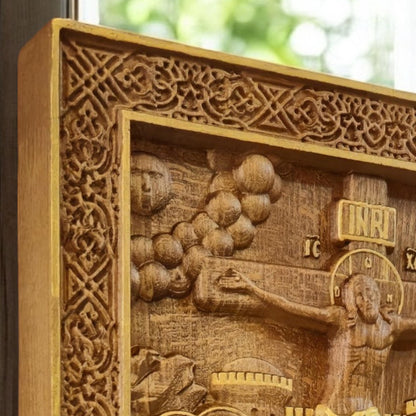 Crucifixion of Jesus Christ Wooden Carved Handmade Christian Icon. Byzantine Greek Orthodox Home Decor.