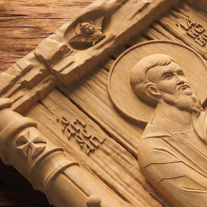 Saint Jacob the Apostle Wooden Carved Handmade Christian Icon Patron Saint of Spain Flat Side Natural Wood Color Cretan Holy Carvings