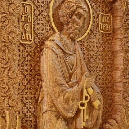 Saint Peter the Apostle Wooden Carved Handmade Christian Icon. Byzantine Greek Orthodox Home Art Decor.