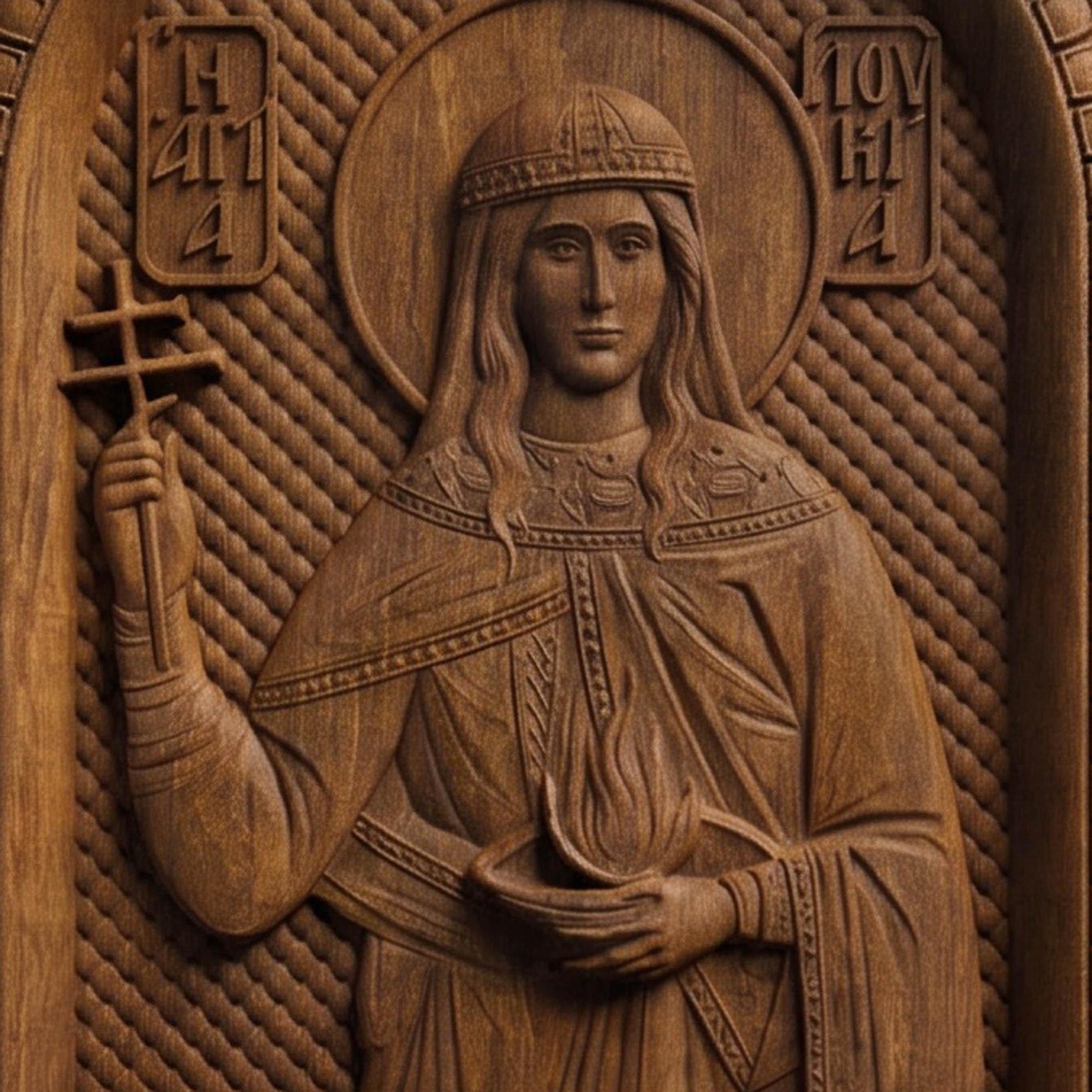 Saint Lucy Patron Saint of Blindness Wooden Carved Handmade Christian Icon | Byzantine Greek Orthodox Home Art Decor