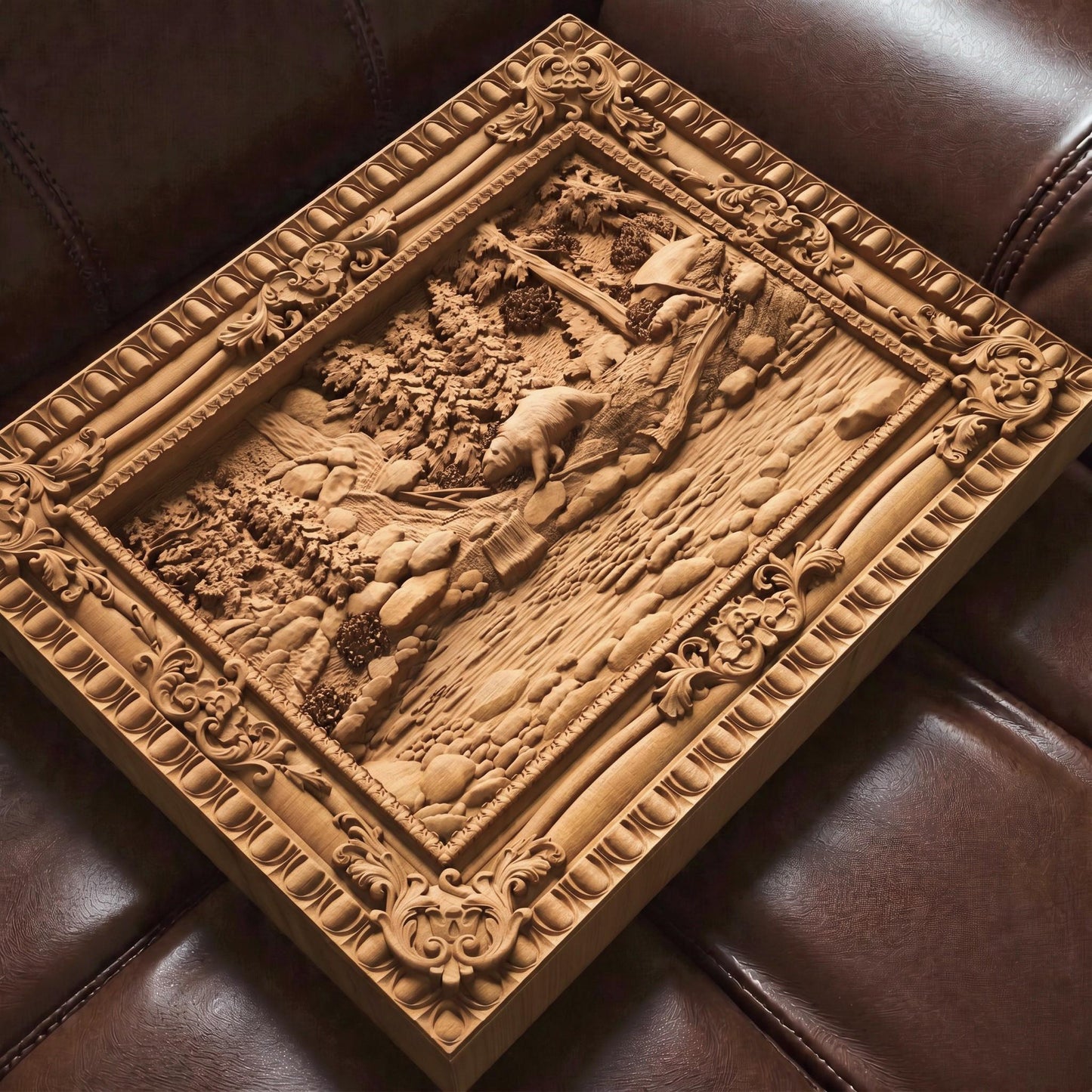 Bear in the Forest Framed Bas Relief | Wooden Bear Carving | Sculptural Gift Idea