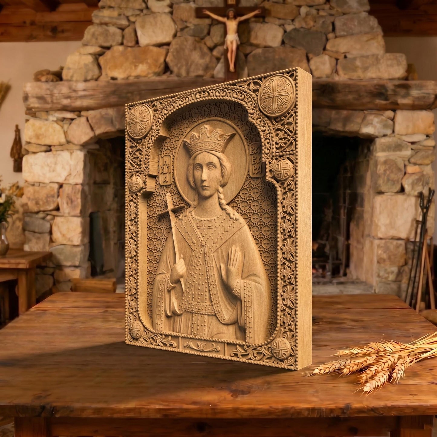 Saint Barbara Wooden Carved Handmade Christian Icon Patron Saint of Artillerymen Cretan Holy Carvings
