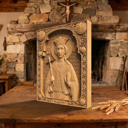 Saint Barbara Wooden Carved Handmade Christian Icon Patron Saint of Artillerymen Cretan Holy Carvings