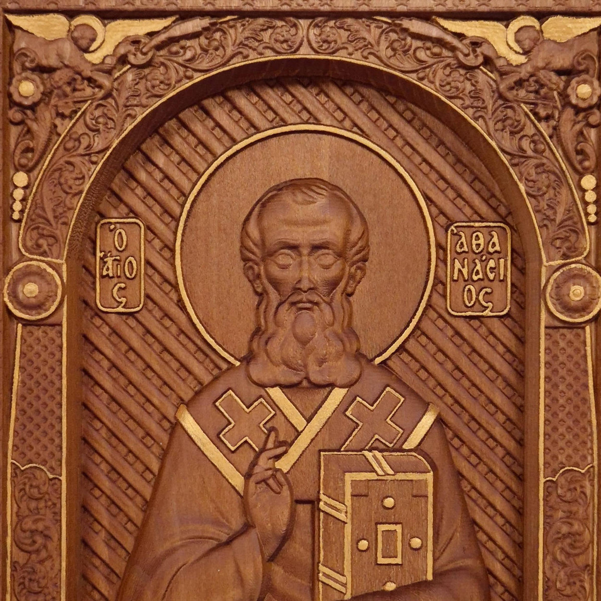 Saint Athanasius of Alexandria Wooden Carved Handmade Christian Icon. Byzantine Greek Orthodox Home Decor.