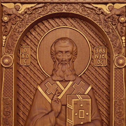 Saint Athanasius of Alexandria Wooden Carved Handmade Christian Icon. Byzantine Greek Orthodox Home Decor.