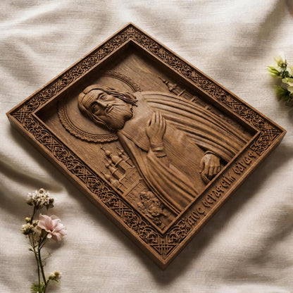 Saint Seraphim of Sarov Wooden Carved Handmade Christian Icon Flat Side Brown Oak Cretan Holy Carvings
