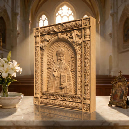 Saint Patrick Patron Saint of Ireland Wooden Carved Handmade Christian Icon | Byzantine Greek Orthodox Home Art Decor