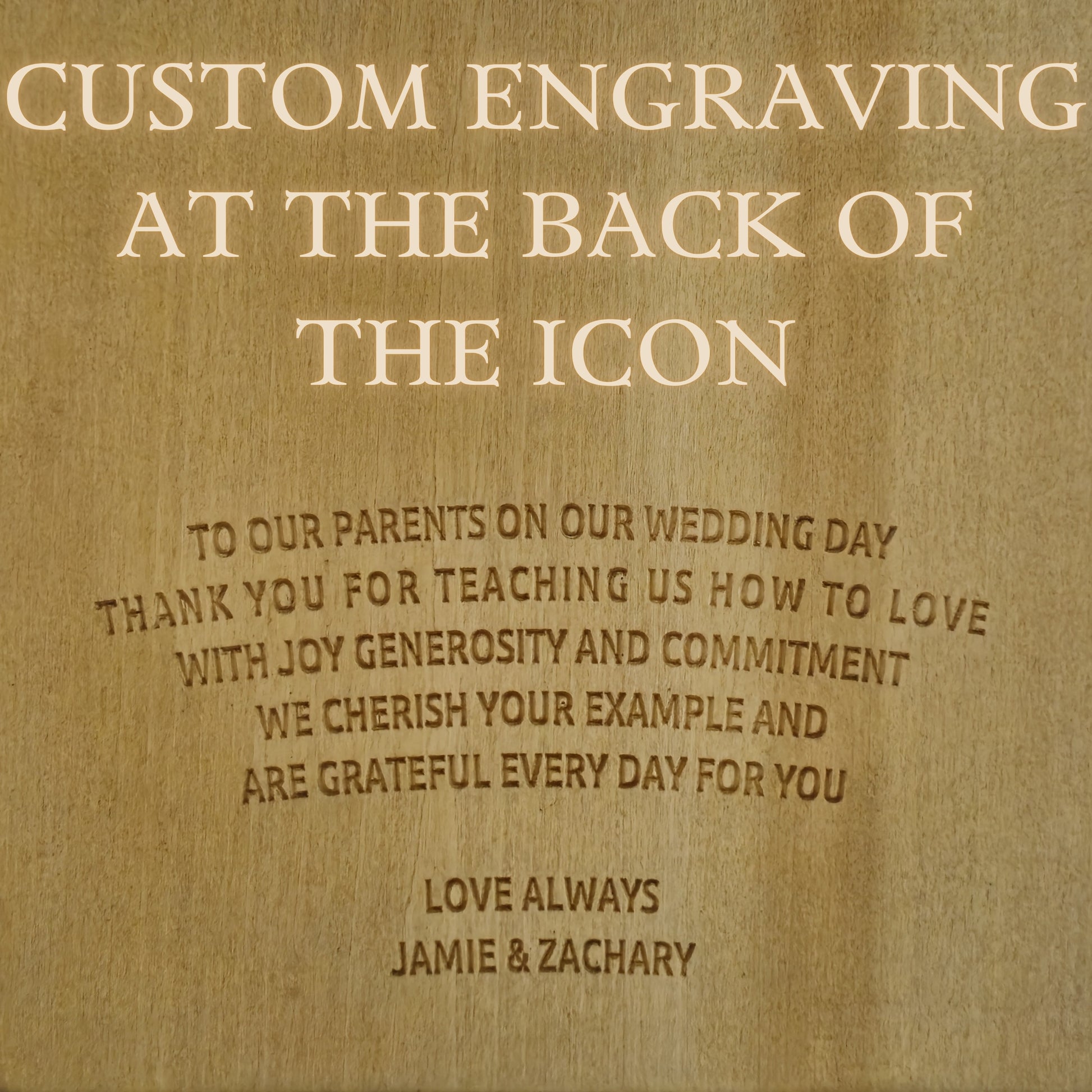 The image is a personalized message engraved on a wooden plaque, expressing gratitude and love for the parents on a wedding day.