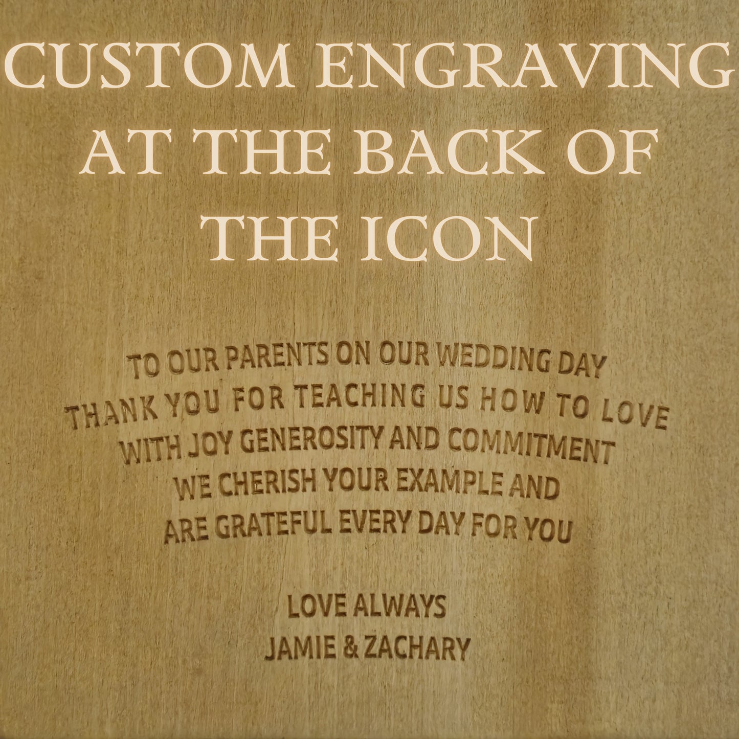 The image is a personalized message engraved on a wooden plaque, expressing gratitude and love for the parents on a wedding day.