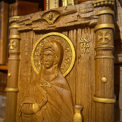 Saint Anastasia Wooden Carved Handmade Christian Icon. Byzantine Greek Orthodox Home Art Decor.