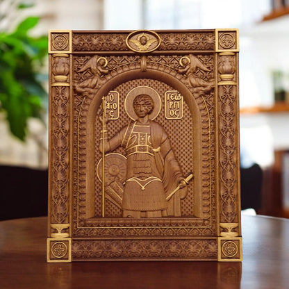 Saint George Wooden Carved Handmade Christian Icon. Byzantine Greek Orthodox Home Art Decor.