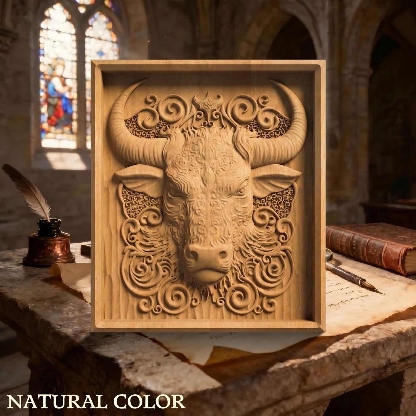 Bull Tribal Framed Bas Relief | Wooden Bull Carving | Sculptural Gift Idea