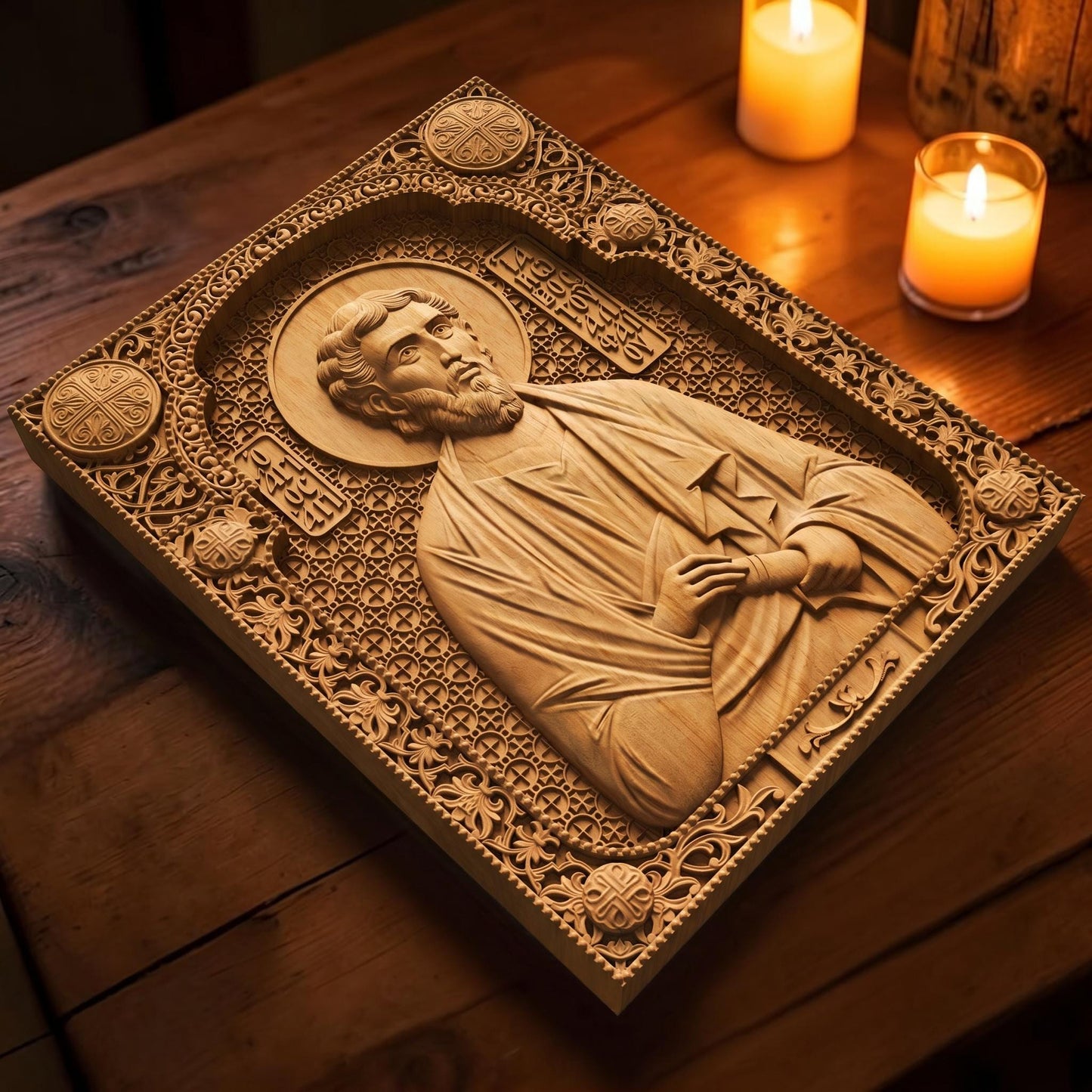 Saint James of Alphaeus the Apostle Wooden Carved Handmade Christian Icon Patron Saint of Pharmacists Flat Side Natural Wood Color Cretan Holy Carvings