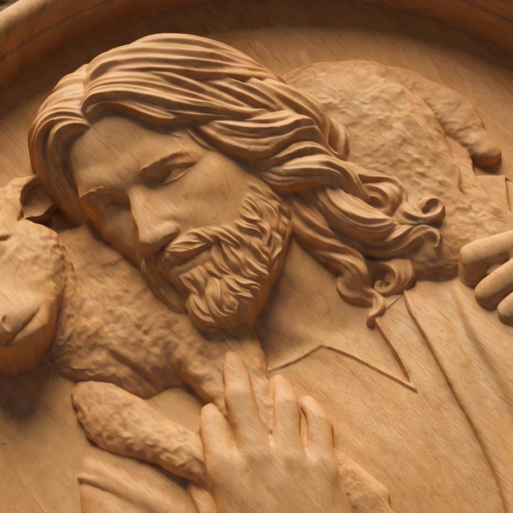 Jesus Christ Carrying Lamb Plate Wooden Carved Handmade Christian Icon Flat Side Natural Wood Color Cretan Holy Carvings
