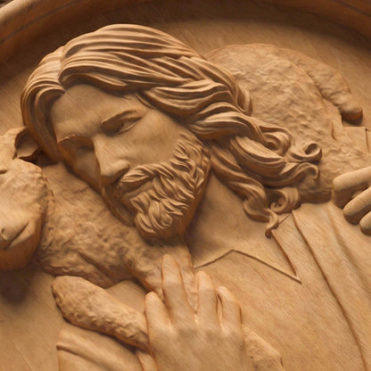Jesus Christ Carrying Lamb Plate Wooden Carved Handmade Christian Icon Flat Side Natural Wood Color Cretan Holy Carvings