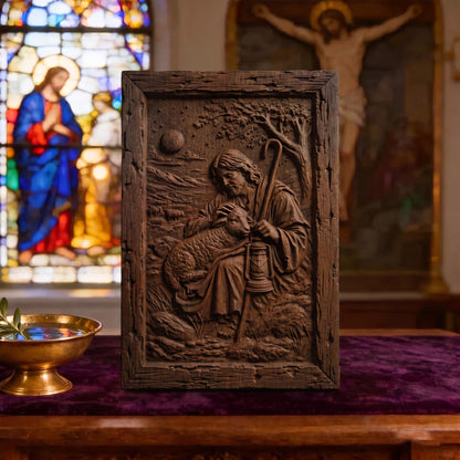 Jesus Christ the Shepherd Wooden Carved Handmade Christian Icon  Byzantine Greek Orthodox Home Decor Cretan Holy Carvings