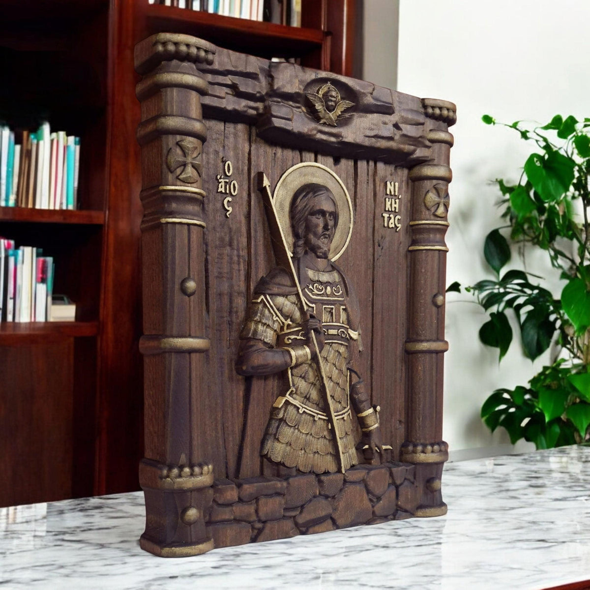 Деревянная резная христианская икона ручной работы "Святой Никита". Византийская греческая православная икона для домашнего декора.